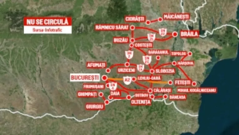 Harta Romaniei, cu drumurile impracticabile temporar