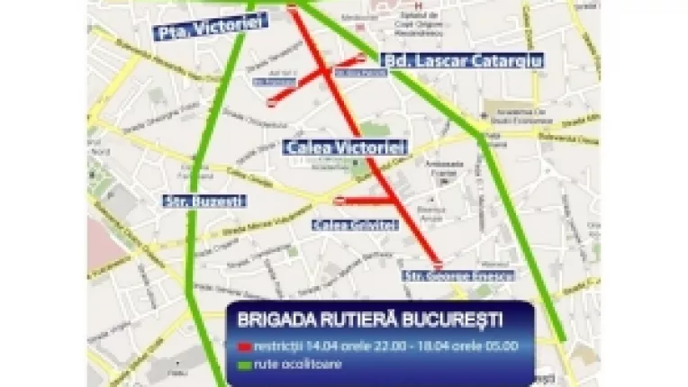 Restrictionarea traficului rutier pe Calea Victoriei, in perioada 14 aprilie 2017 orele 22:00 - 18 aprilie 2017 orele 05:00